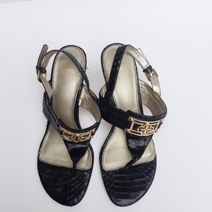 Isola Black Snake Leather Gold Logo Sandals 7.5